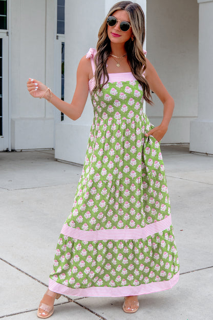 Floral Stripe Patchwork Knot Strap Maxi Dress