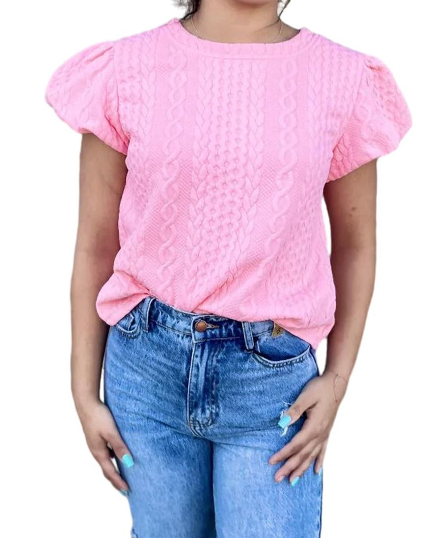 Cable Textured Puff Sleeve T-Shirt