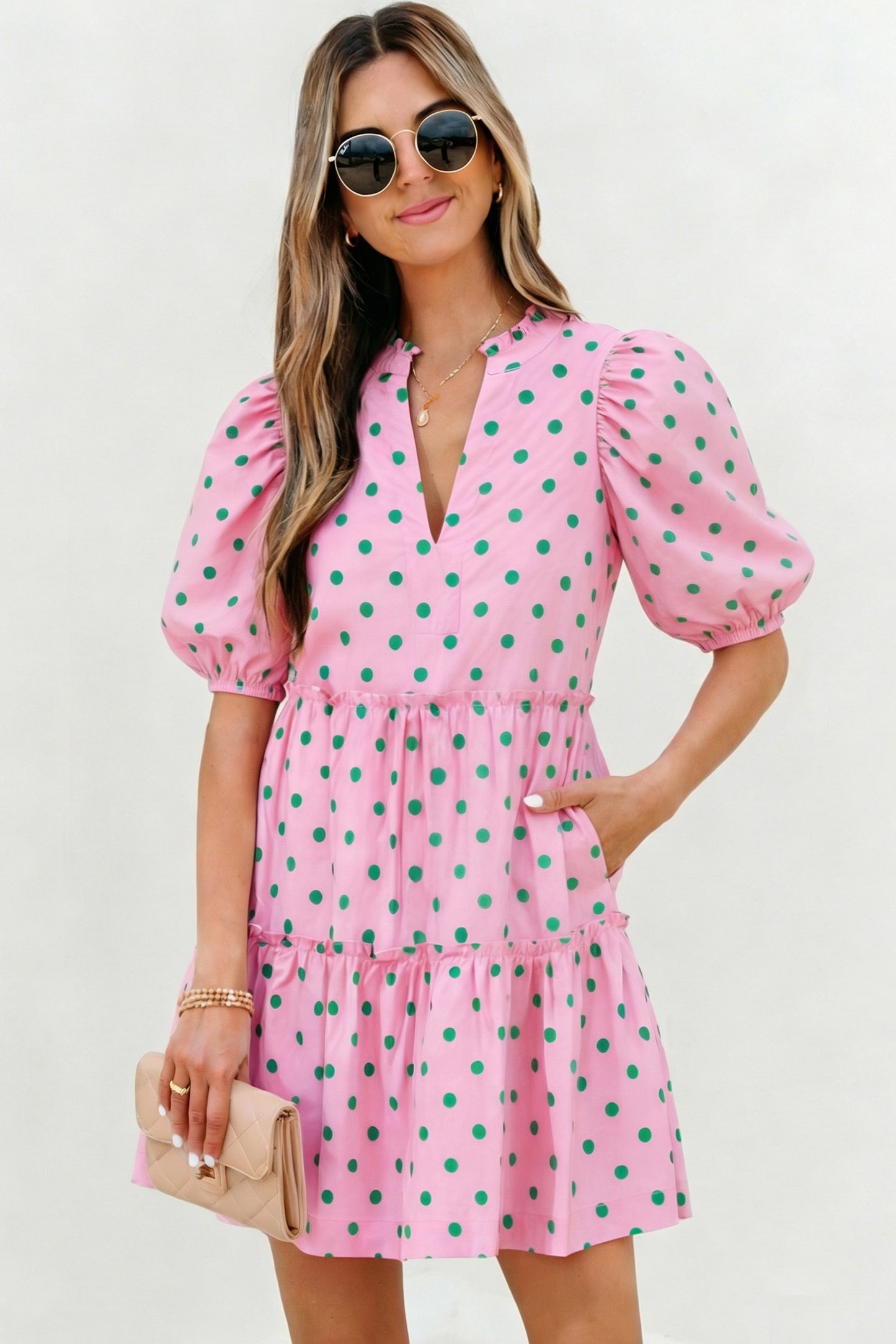 Polka Dot V-Neck Short Sleeve Tiered Mini Dress