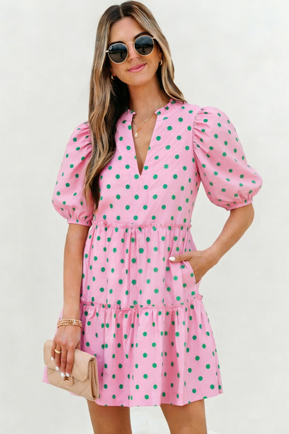 Polka Dot V-Neck Short Sleeve Tiered Mini Dress