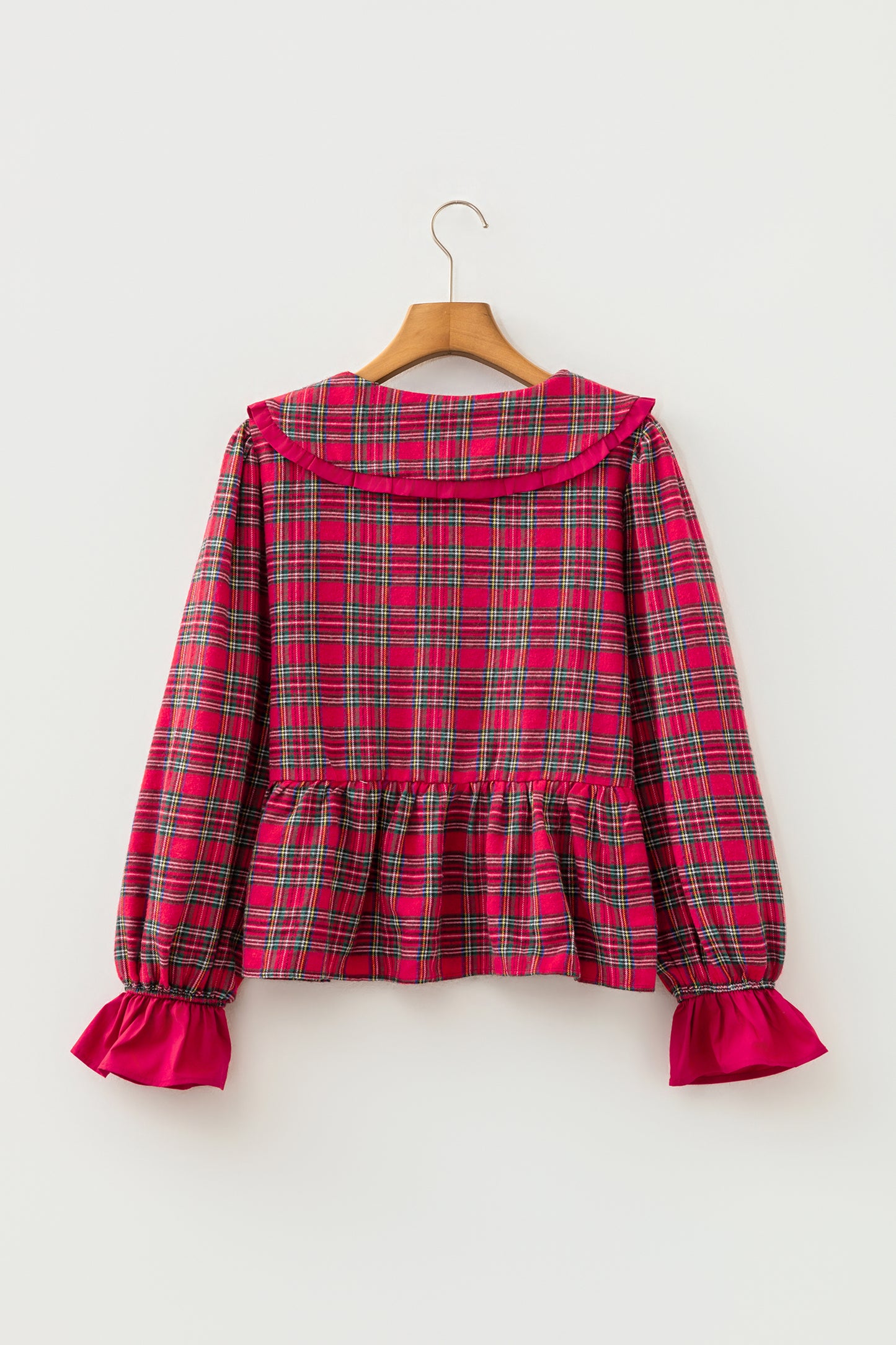 Plaid Collared Bow Tie Ruffle Long Sleeve Blouse