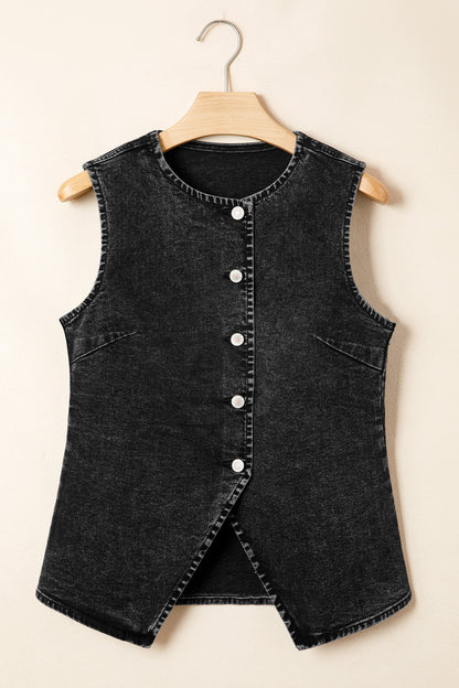 Solid Denim Buttoned Front Slit Vest