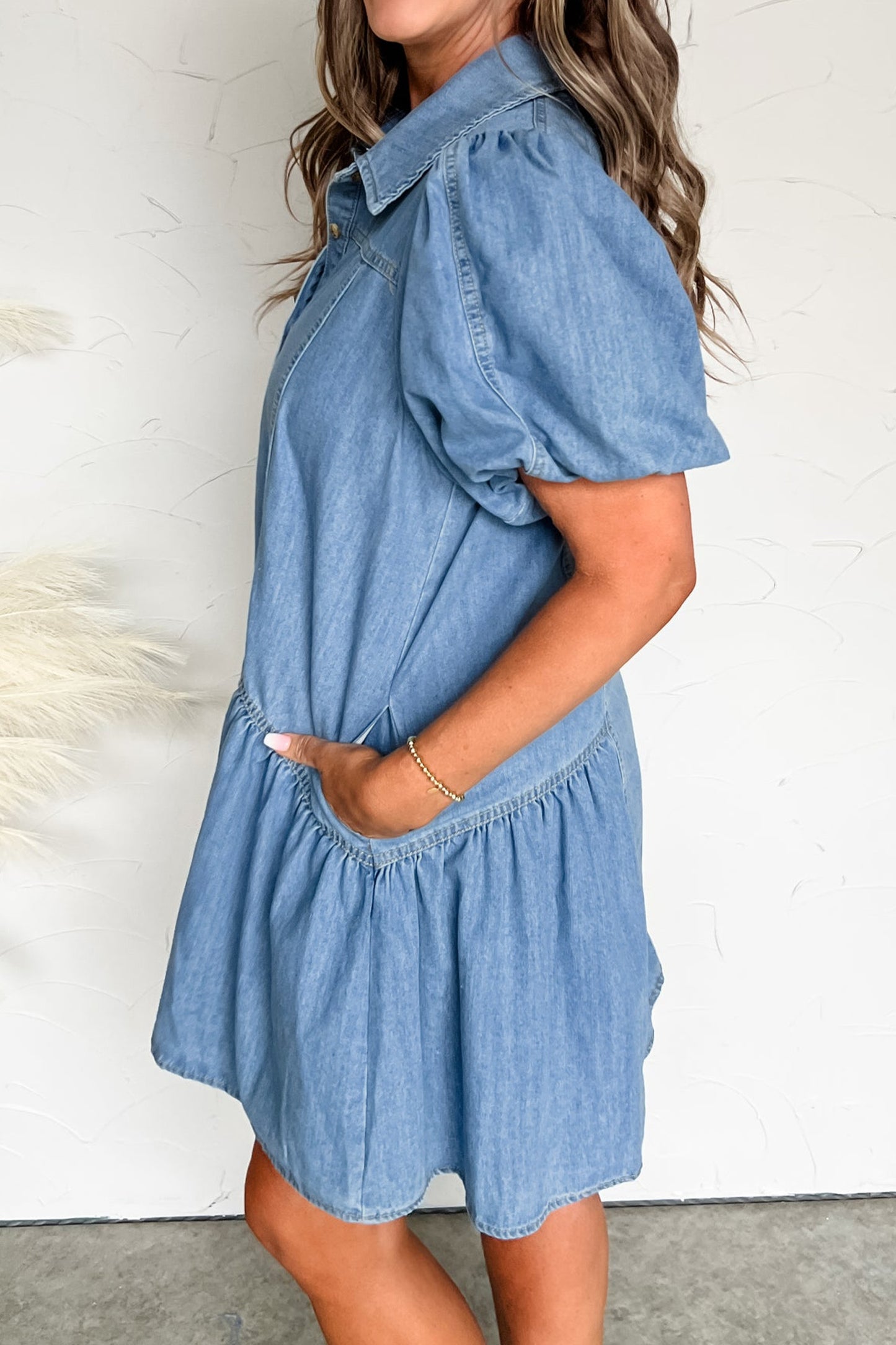 Denim Short Puff Sleeve Ruffle Hem Buttoned Dress