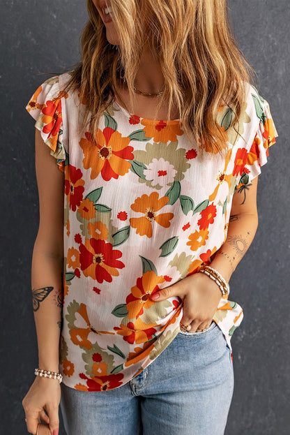 Floral Ruffle Flutter Sleeve Blouse