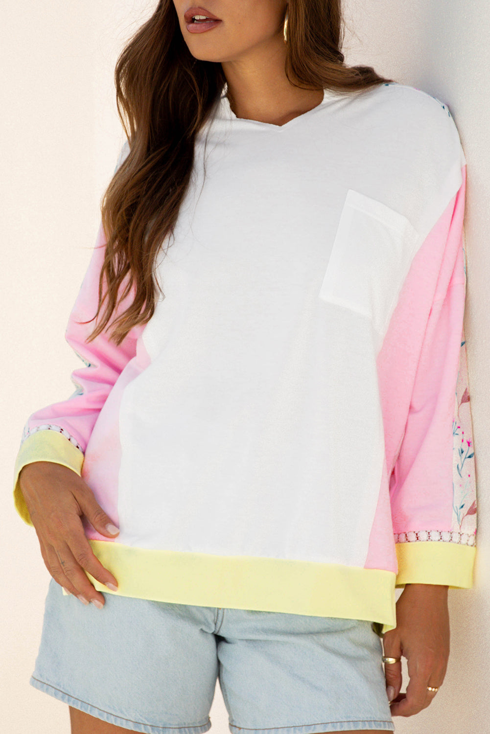 Floral Colorblock Patchwork Chest Pocket Long Sleeve Top – Pretty Bash
