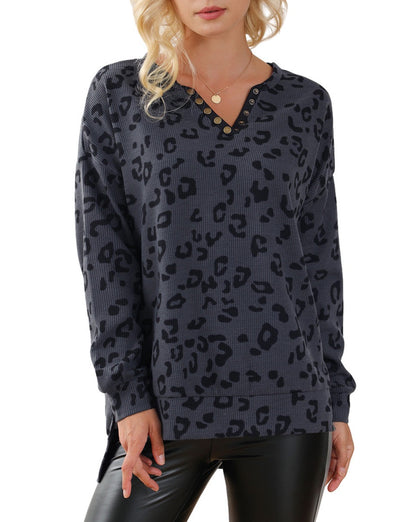 Leopard Split Neck Waffle Sweatshirt