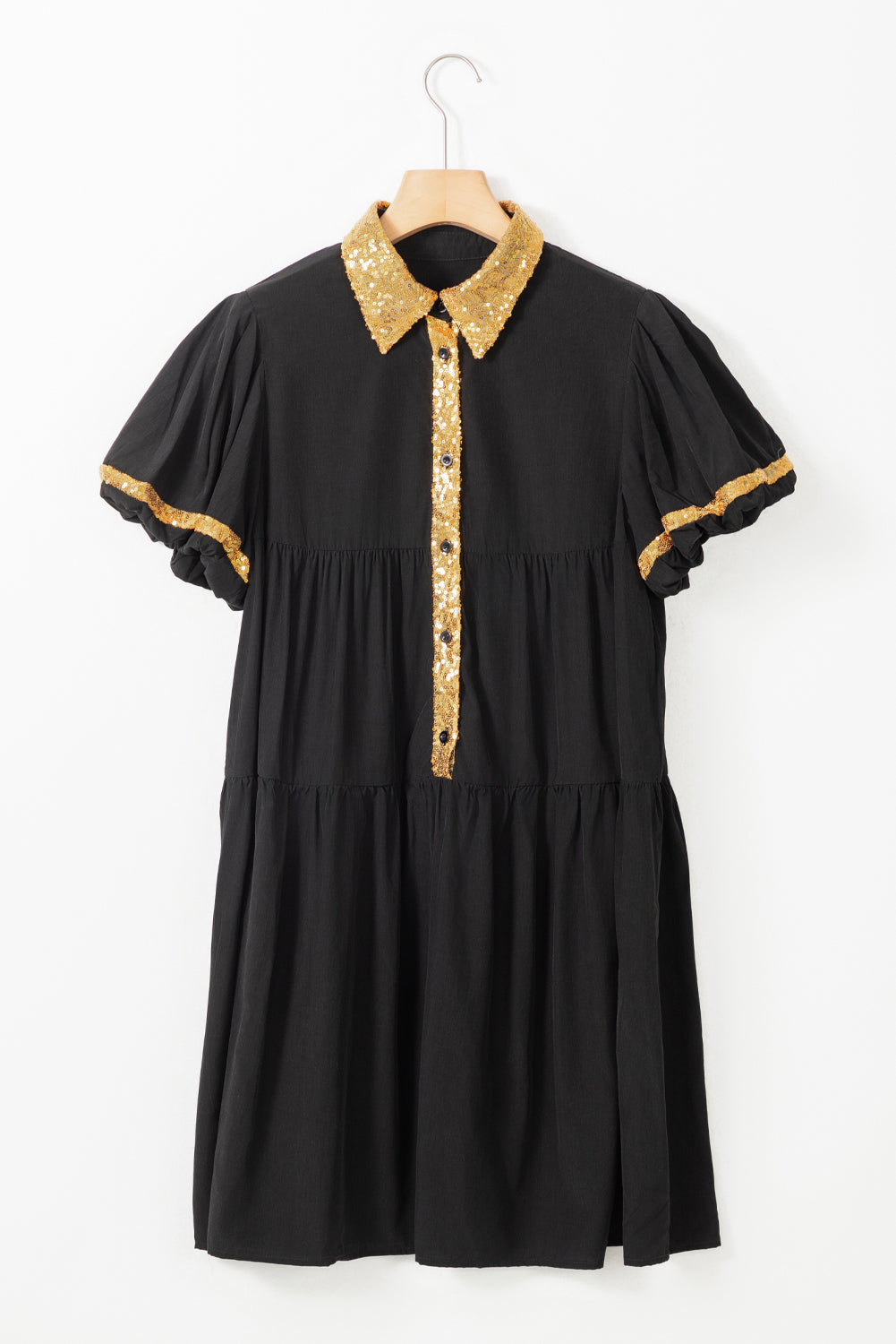 Sequin Trim Bubble Sleeve Shirt Dress