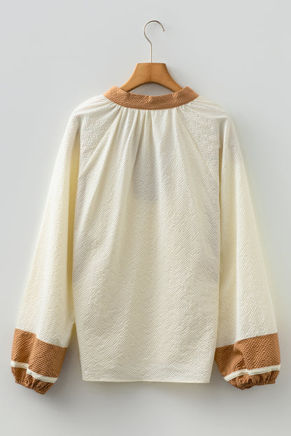 Colorblock Patchwork V-Neck Textured Blouse