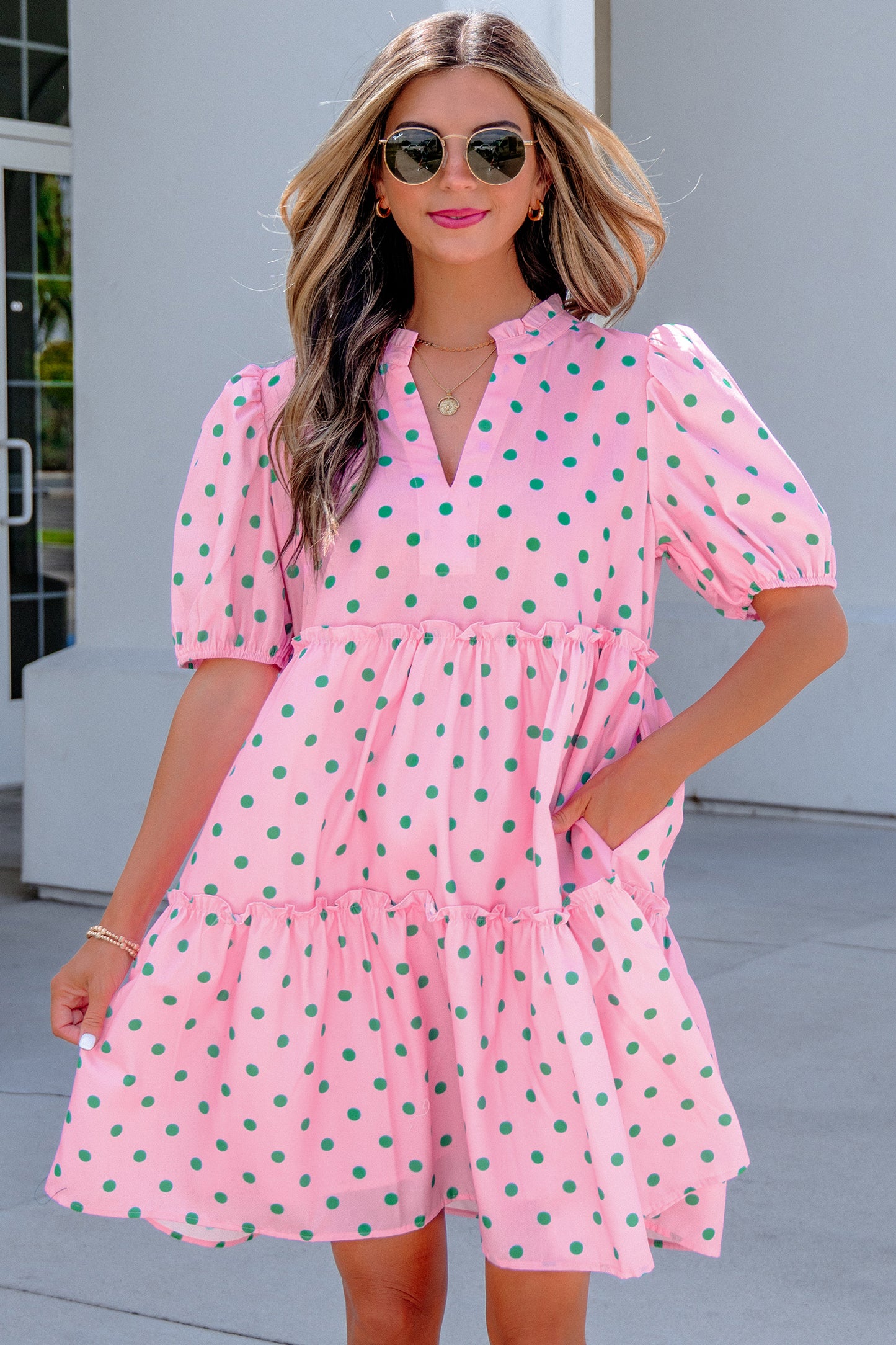 Polka Dot V-Neck Short Sleeve Tiered Mini Dress