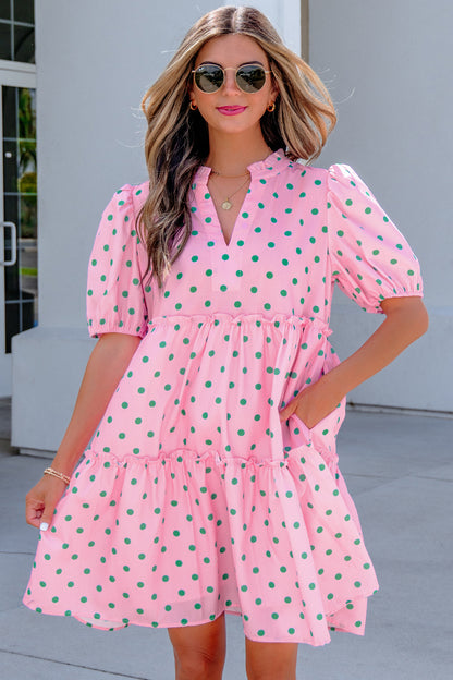 Polka Dot V-Neck Short Sleeve Tiered Mini Dress