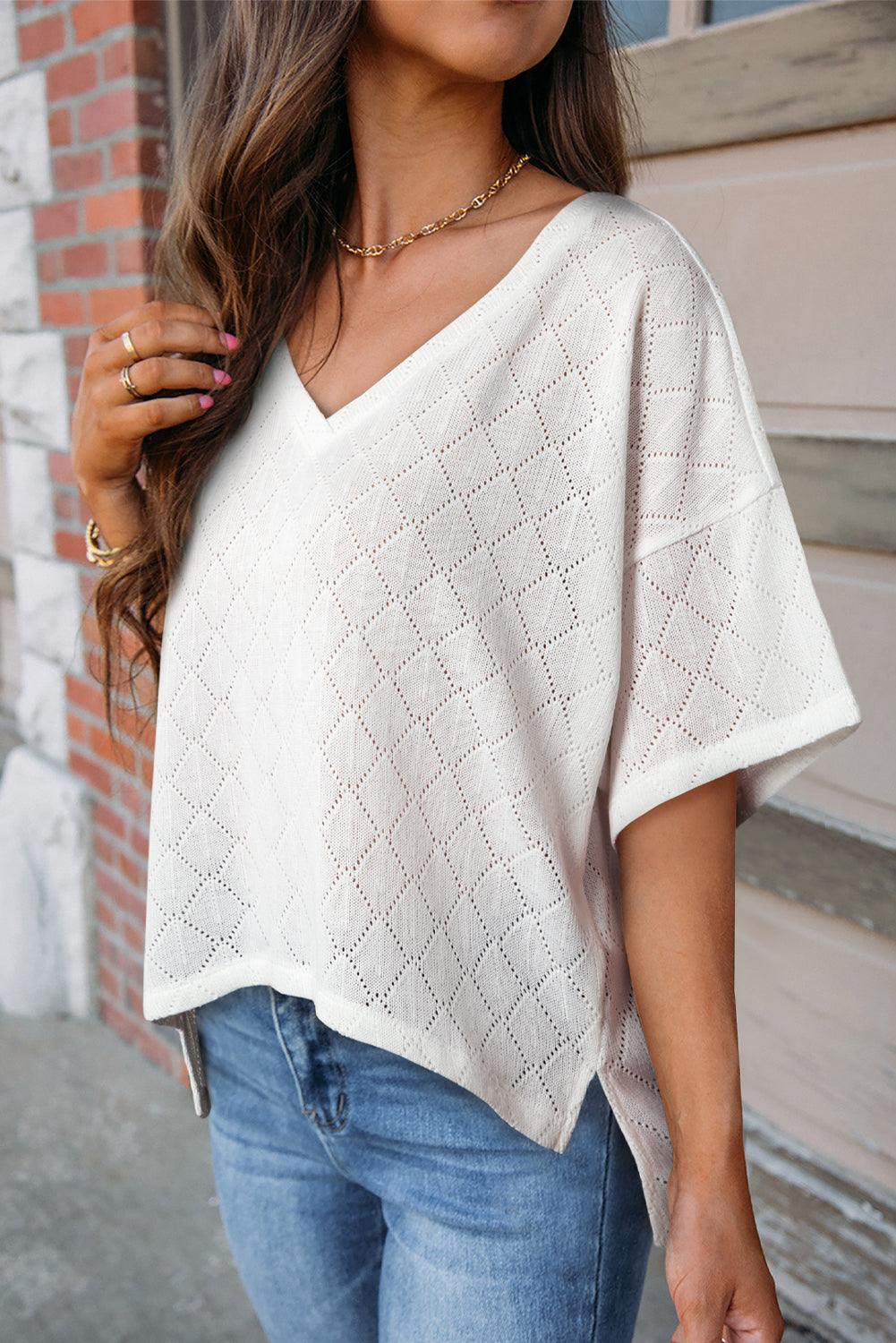 Pointelle Diamond Short Sleeve Blouse