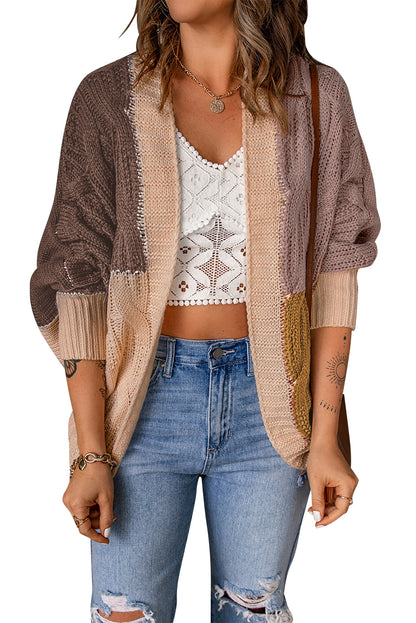 Colorblock Cable Knit Open Front Cardigan