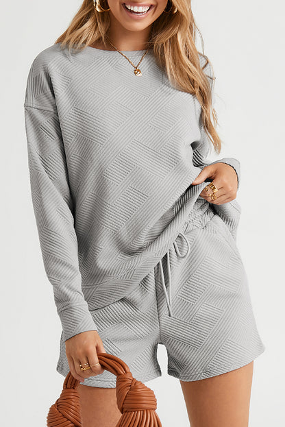 Textured Long Sleeve Top and Drawstring Shorts Set