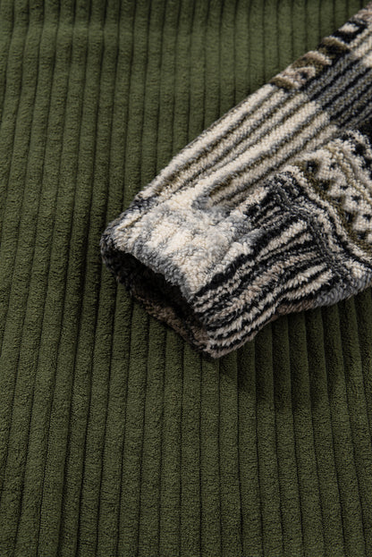 Plaid Patchwork Sleeve Button-Up Ribbed Fleece Jacket