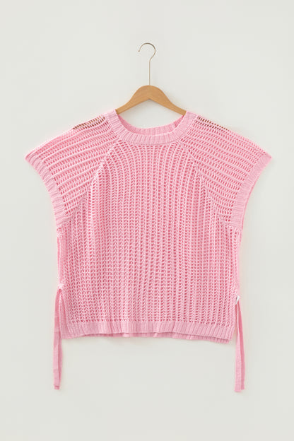 Plus Size Crochet Bow Tie Short Sleeve Sweater