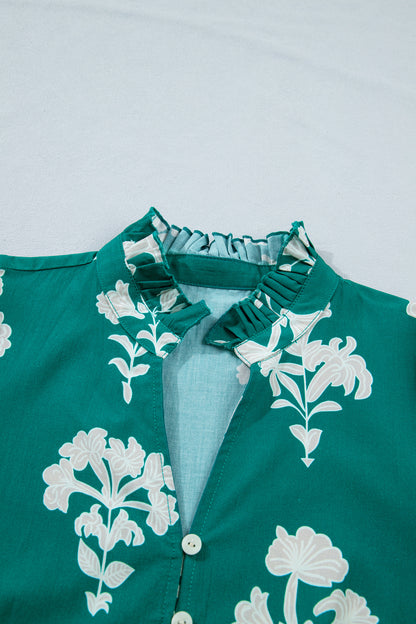 Floral Frilled V-Neck Puff Sleeve Mini Dress