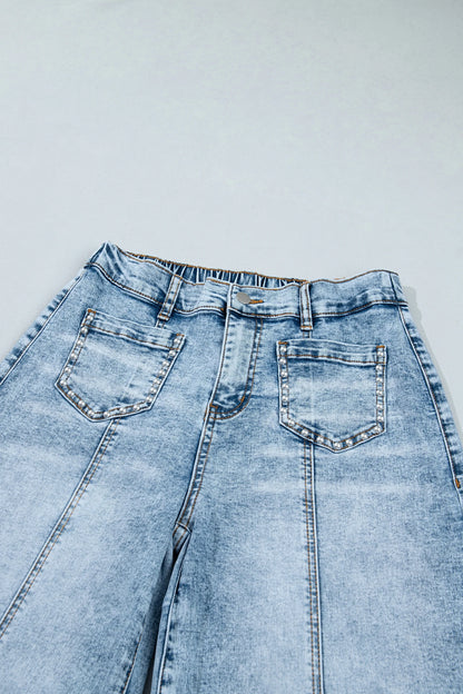 Studded Pocket Frayed Denim Wide Leg Jeans