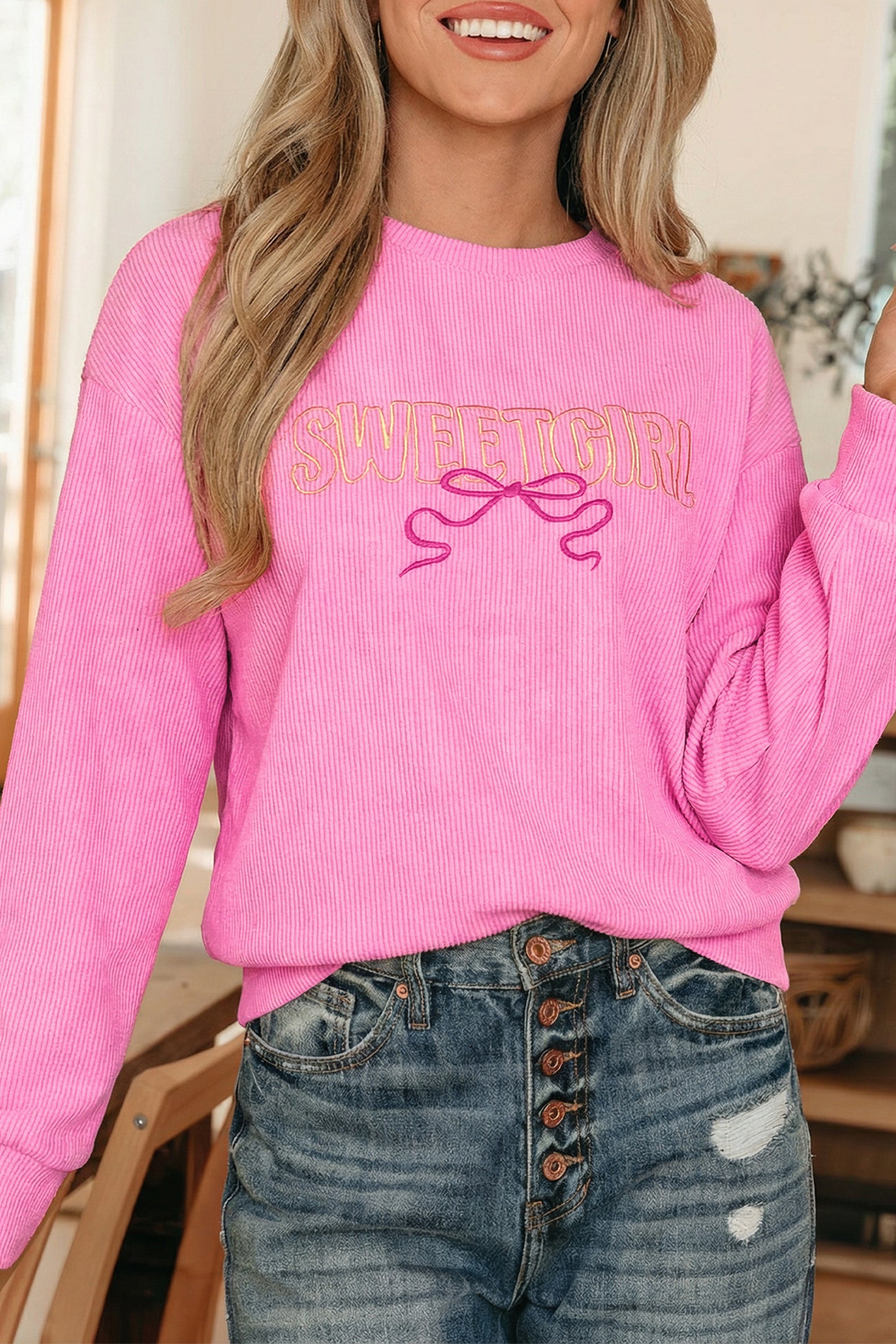 Sweet Girl Bow Embroidered Ribbed Long Sleeve Top