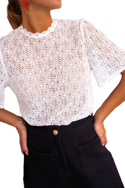 Scalloped Lace Keyhole Back Blouse