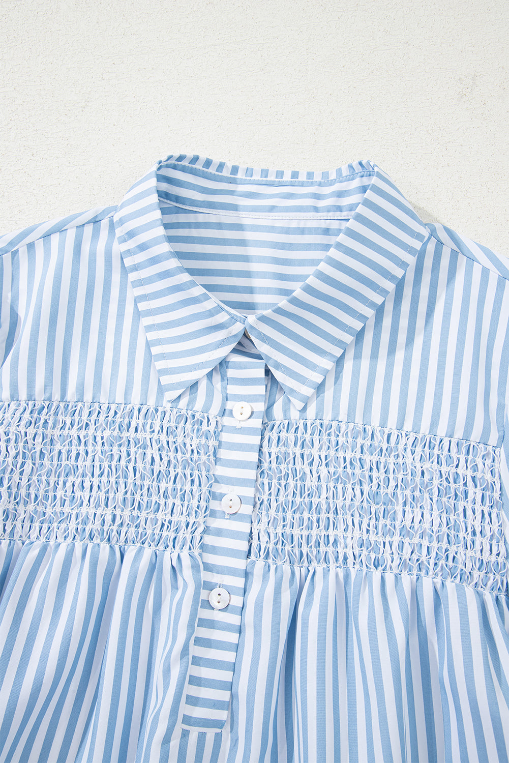 Stripe Shirred Buttoned Collar Long Sleeve Shirt