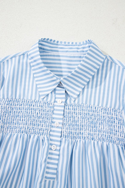 Stripe Shirred Buttoned Collar Long Sleeve Shirt