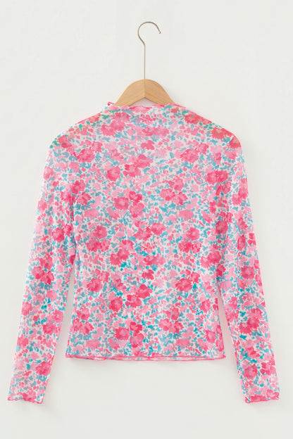 Floral Mesh Long Sleeve Mock Neck Top