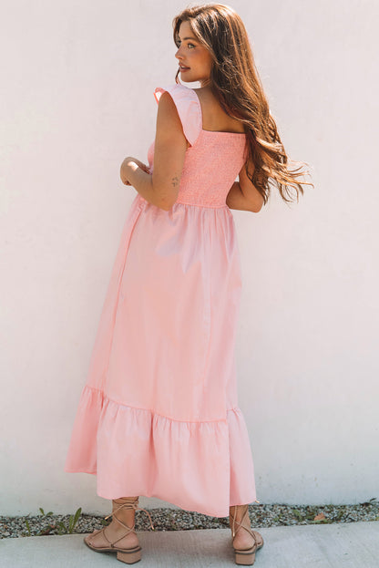 Solid V-Neck Flutter Sleeve Ruffle Maxi Dress