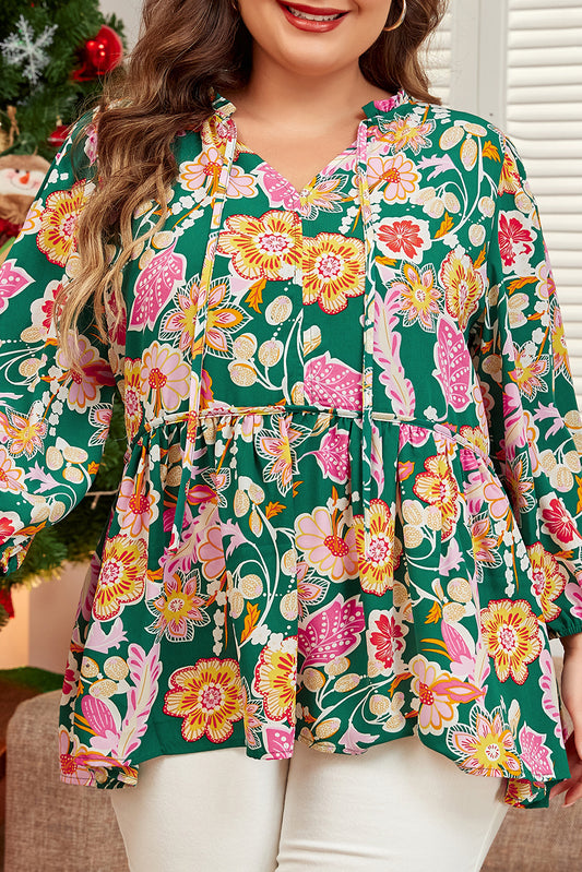 Floral Tied V-Neck 3/4 Sleeve Blouse Plus Size