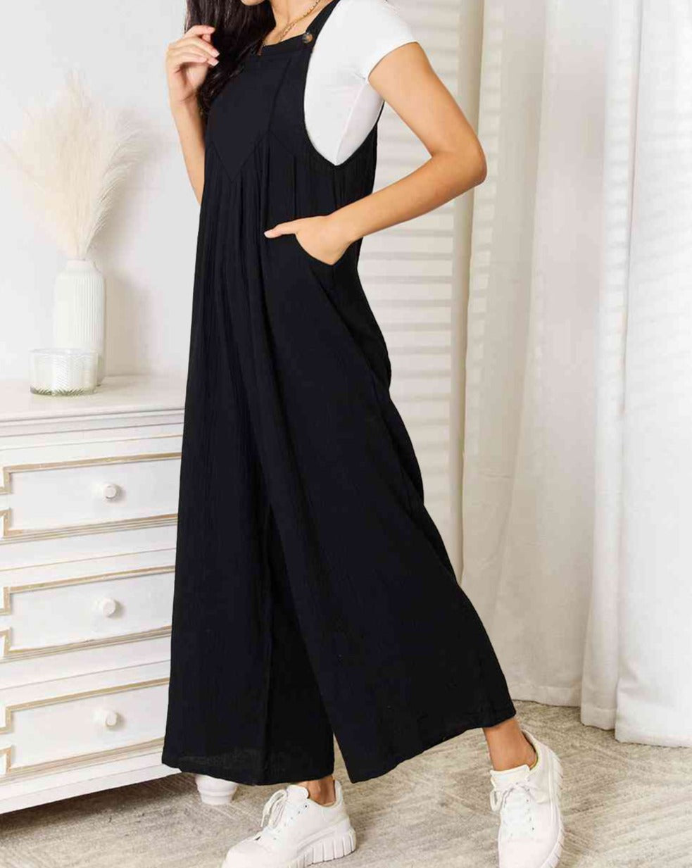 Crinkle Wide Leg Pocketed Overalls