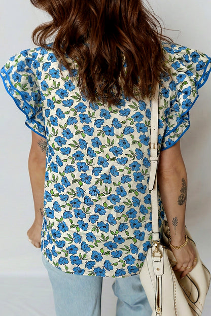 Flower Tiered Flutter Sleeve Pleated Blouse