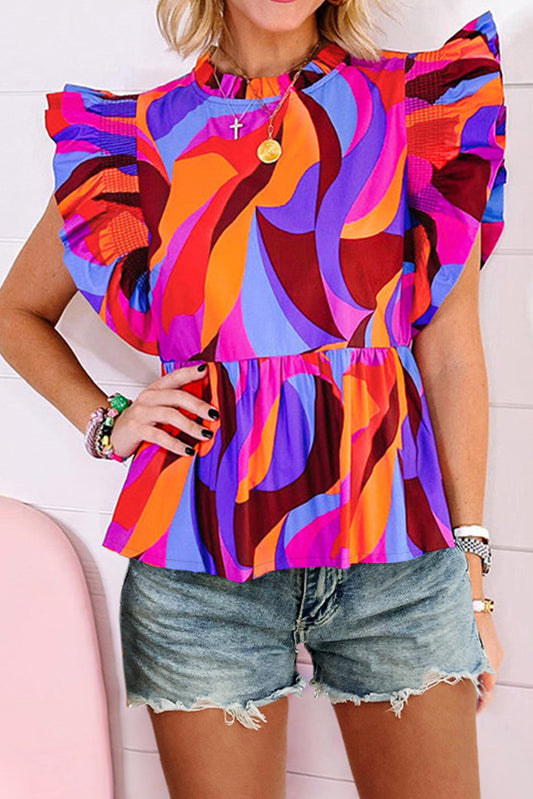 Abstract Flutter Sleeve Peplum Blouse