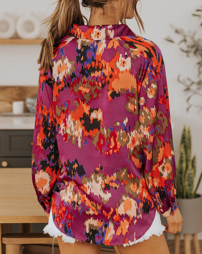 Abstract Floral Puff Sleeve Blouse