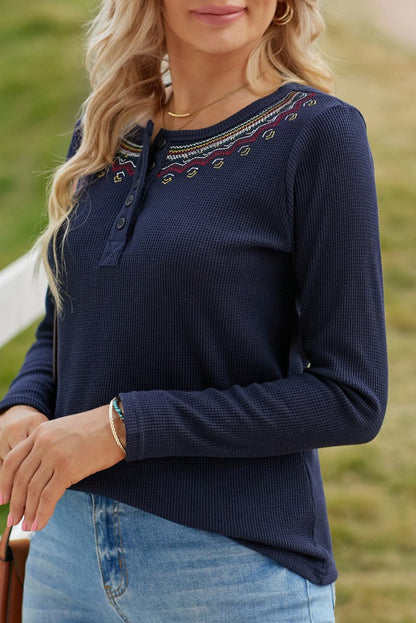 Embroidered Waffle Knit Henley Top