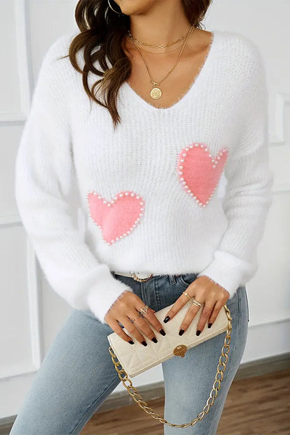 Heart Pearl Beaded V-Neck Sweater