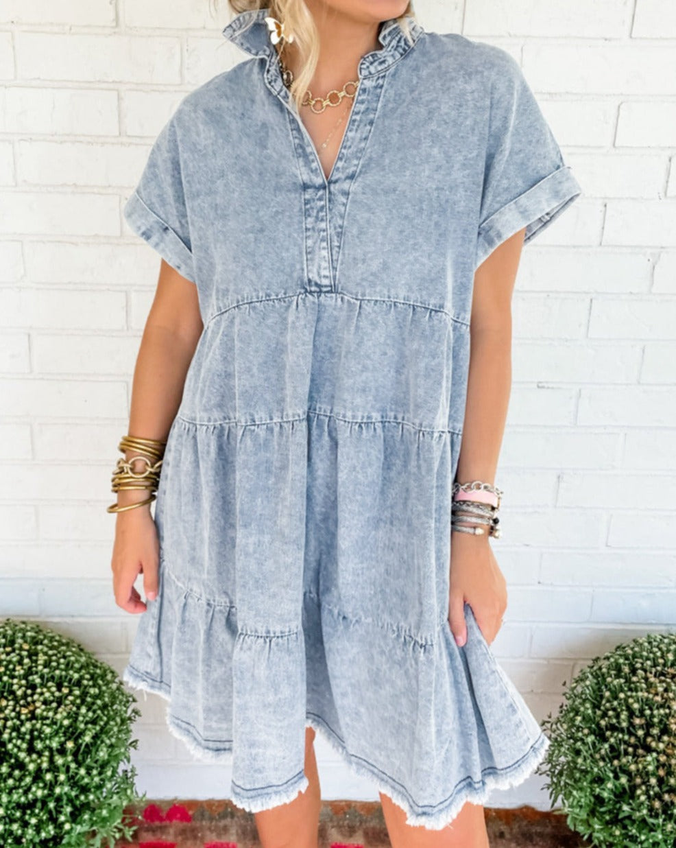 Denim Acid Washed Tiered Dress