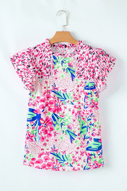 Floral Patchwork Ruffle Cap Sleeve Blouse