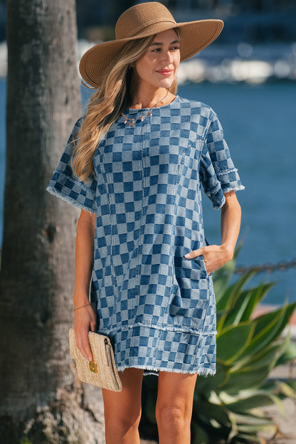 Checker Denim Frayed Hem Mini Dress