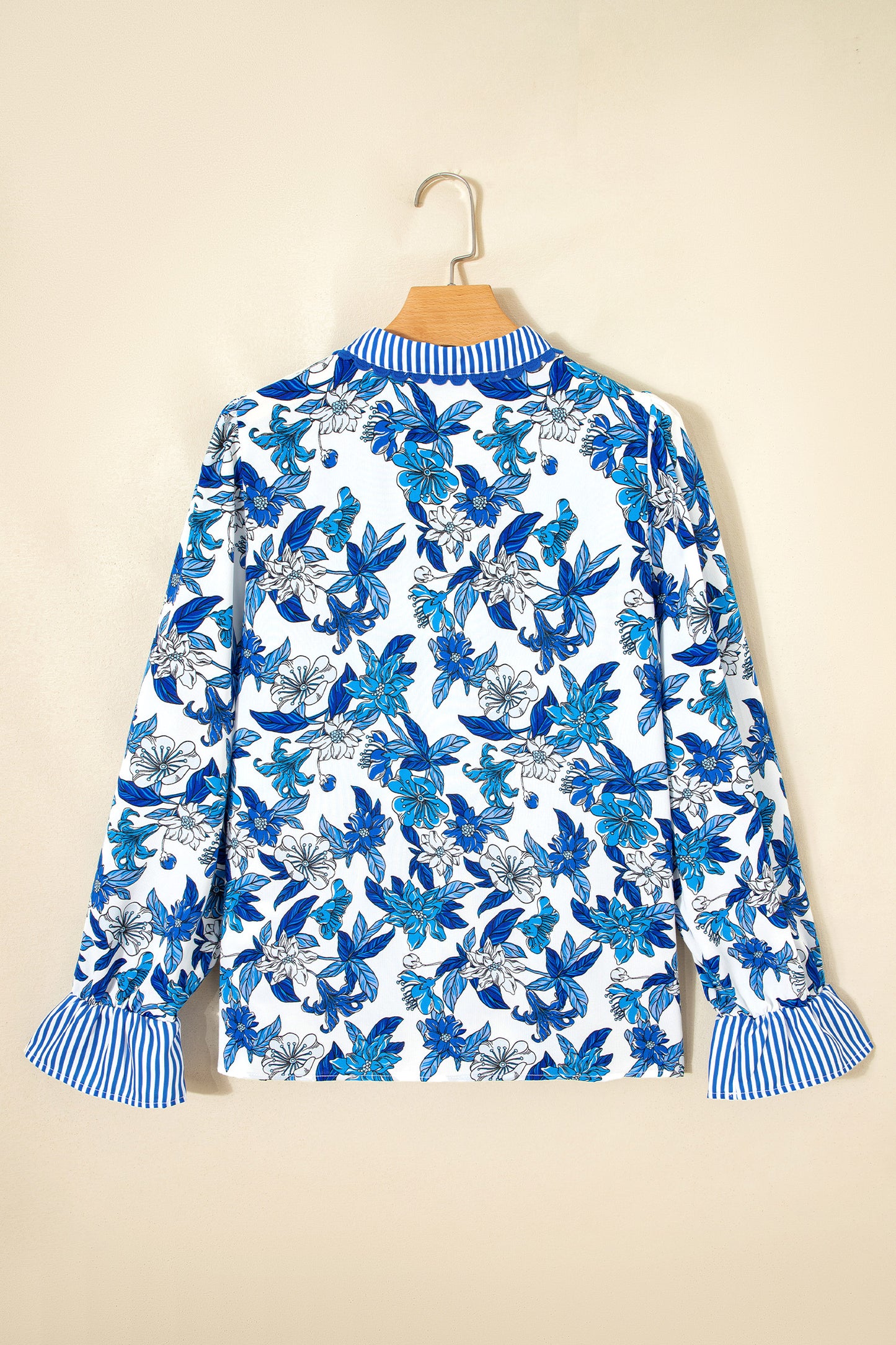 Floral Stripe Patchwork V-Neck Flounce Sleeve Blouse