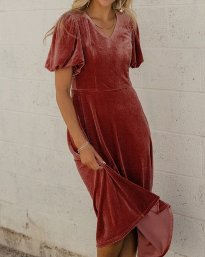 Velvet Puff Sleeve Midi Dress