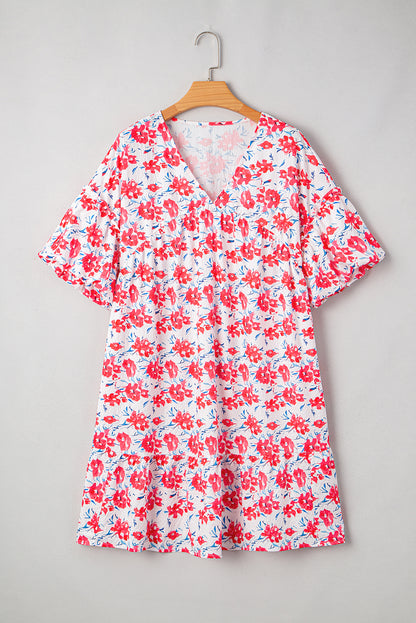 Plus Size Floral Ruffle 3/4 Sleeve V-Neck Dress