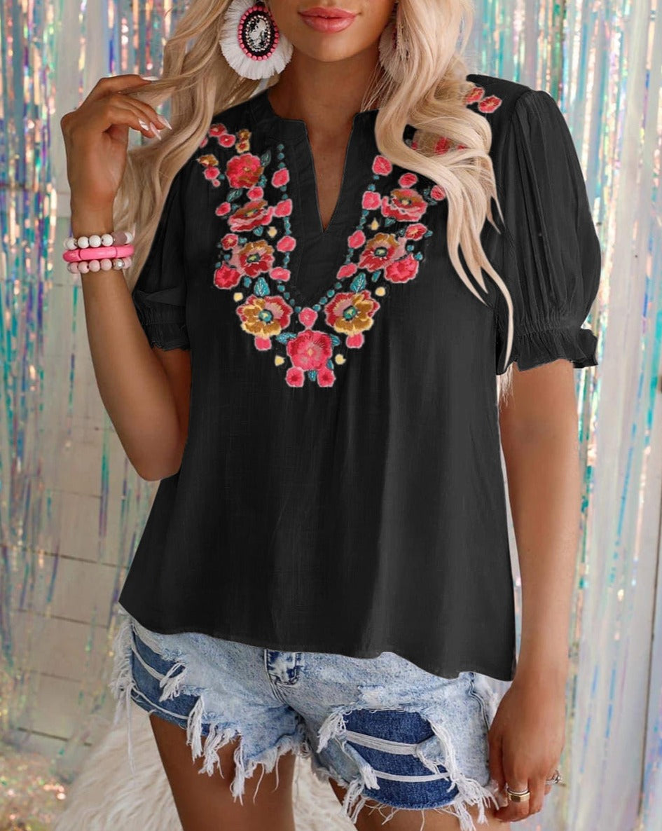 Floral Embroidered Ruffle Blouse