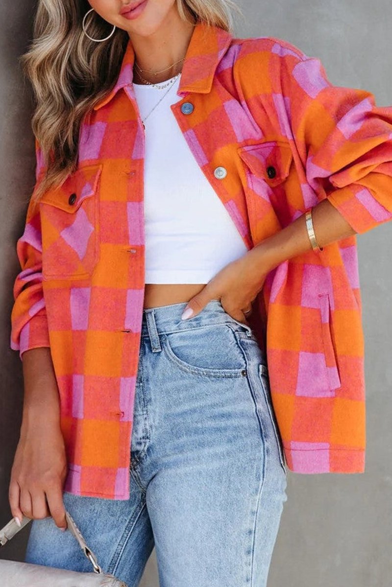 Plaid Chest Pockets Buttoned Jacket