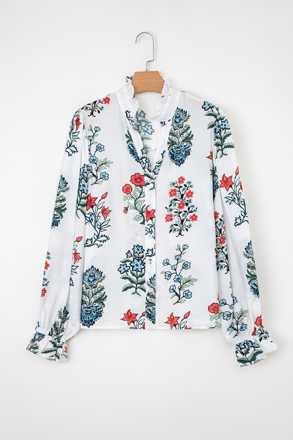 Floral Frilled V-Neck Long Sleeve Buttoned Shirt