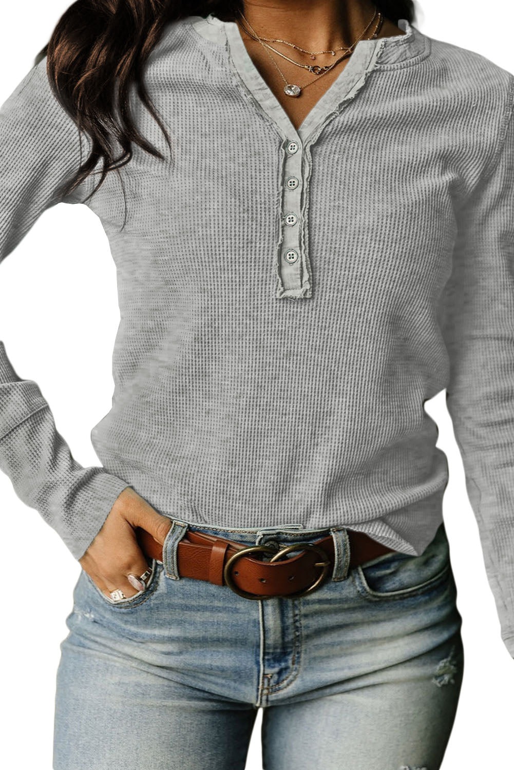 Waffle Henley Long Sleeve Top