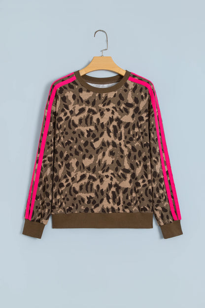 Leopard Contrast Stripe Long Sleeve Sweatshirt
