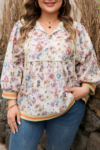 Plus Size Floral Stripe Contrast Trim Babydoll Blouse