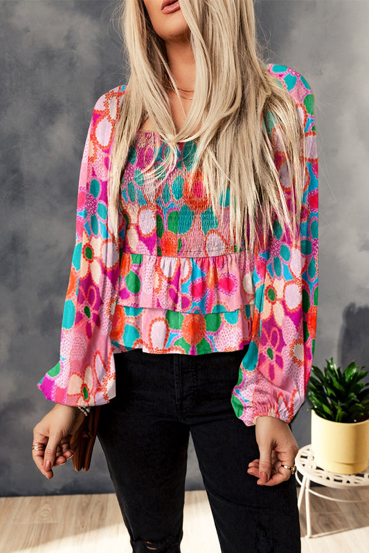 Floral Smocked Ruffle Peplum Blouse