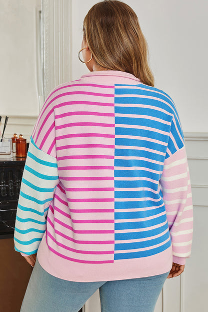 Plus Size Stripe Colorblock Half Zip Sweater