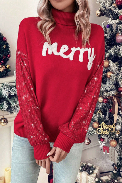 Merry Sequin Sleeve Turtleneck Sweater