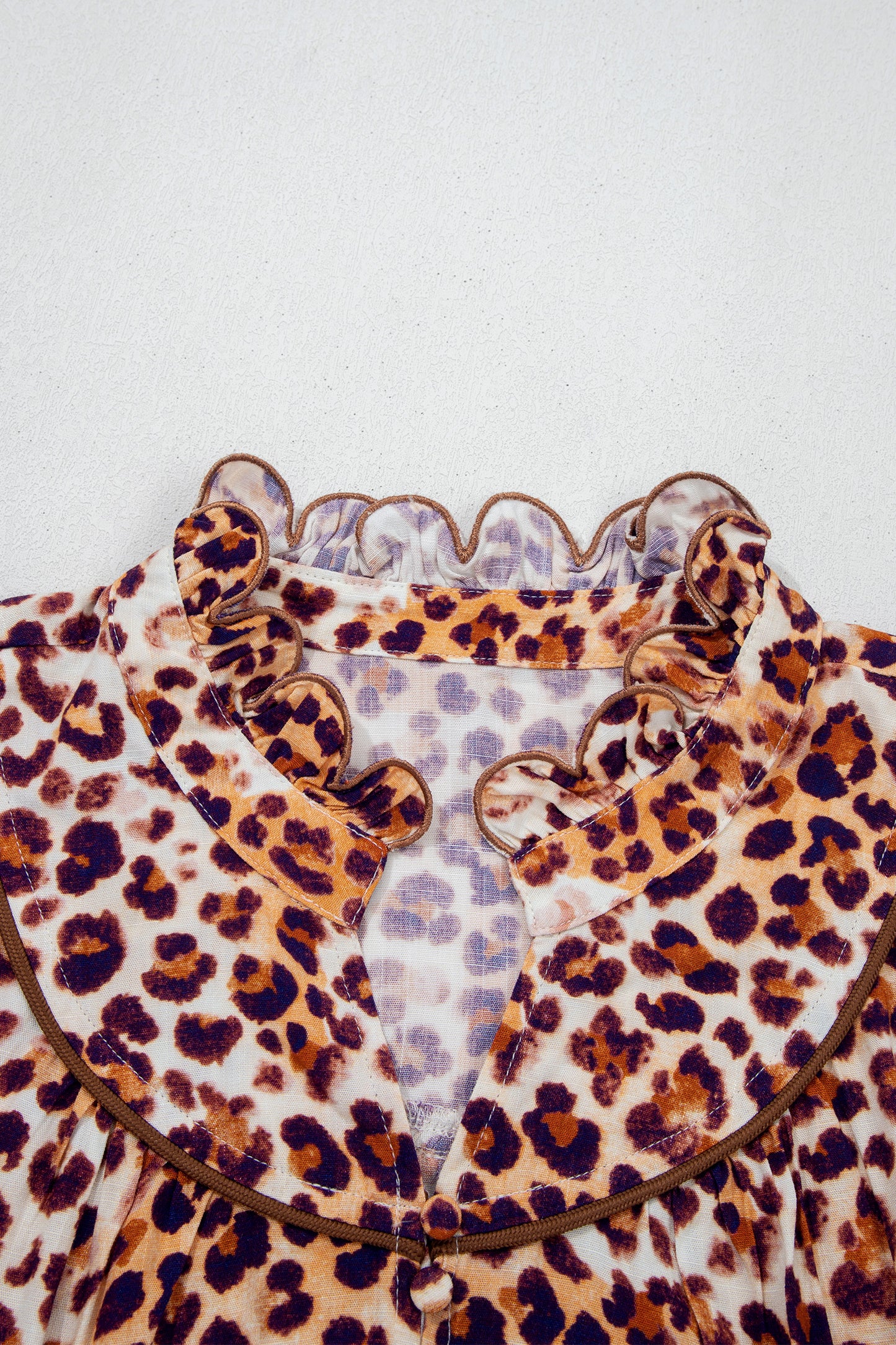 Plus Size Leopard Frilled Stand Neck Blouse